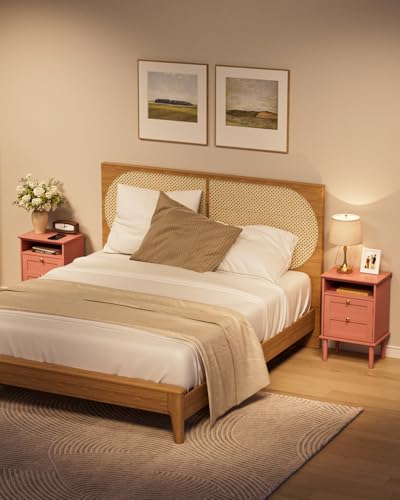 Nightstand, Boho Night Stand with 1 Drawers, Modern Side Accent Table with Open Shelf, Wooden Top Bedside End Table for Bedroom, Living Room, Pink - color: Pink