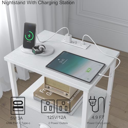 sthmec Nightstand with Charging Station, LED Night Stand Set 2, Bedside Table End Tables Set of 2, Bedroom Tables with 2 Fabric Drawers PU Finish, 3-Tier Storage Side Table for Bedroom,White - color: White