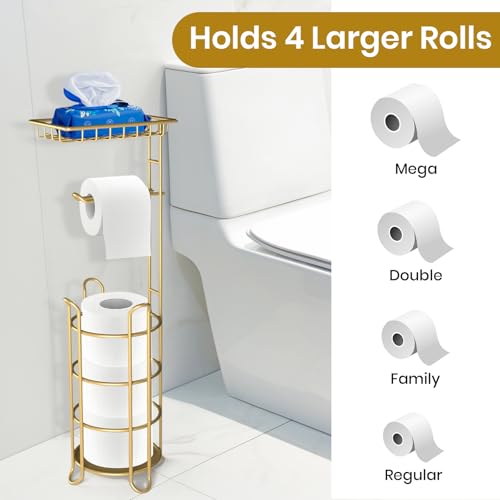 Gold Toilet Paper Holder Stand with Shelf, Freestanding Tissue Roll Holder, Holds 4 Mega Rolls and Extra Storage for Phone, Wipes - color: F-gold
