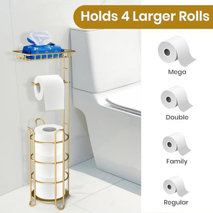 Gold Toilet Paper Holder Stand with Shelf, Freestanding Tissue Roll Holder, Holds 4 Mega Rolls and Extra Storage for Phone, Wipes - color: F-gold