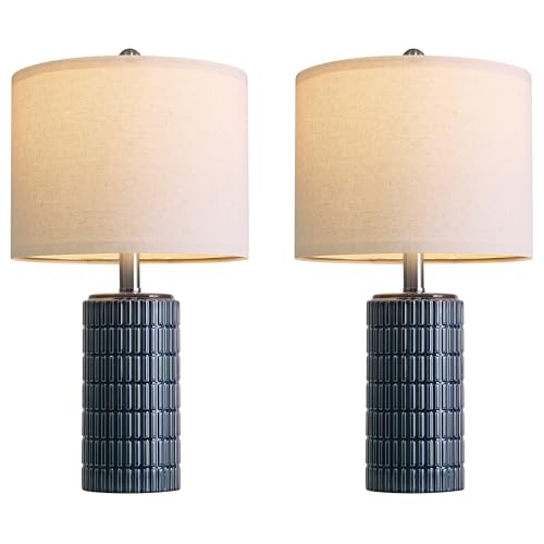PoKat 20.75" Small Blue Table Lamps, Farmhouse Bedside Lamps for Bedroom Set of 2, Ceramic End Table Lamps for Night Stands Living Room, Modern Nightstand Desk Lamps, Dark Blue - color: 20.75'' Small - Dark Blue