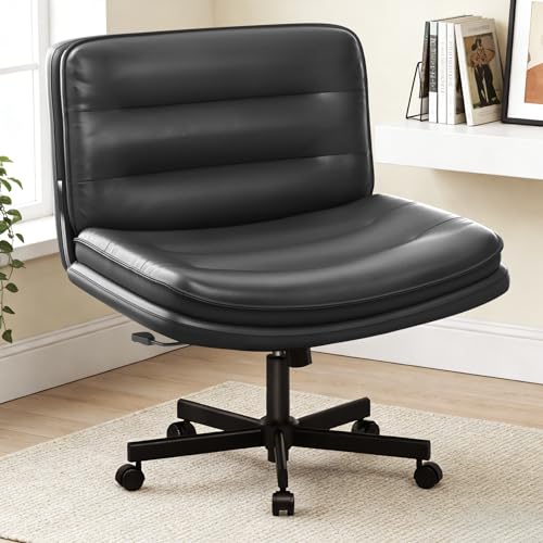 COMHOMA Cross Legged Office Chair with Wheels Armless Office Desk Chair, Modern Vanity Computer Task Chairs for Home Bedroom, Comfortable Wide Seat for Lower Back Pain Relief, PU Leahter, Black - color: Matte-black