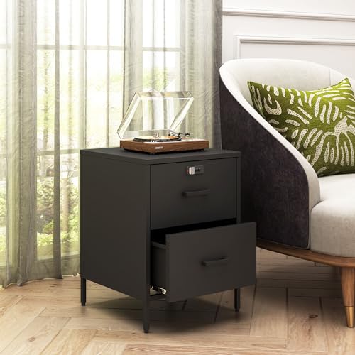 Steehoom Metal Nightstand,2 Drawer End Side Table Lockable Modern Locker Storage Cabinet for Living Room, Bedroom, Dorm, 21.26”H X 15.75”W X 15.75”D (2 Drawer, Black) - color: Black, style: 2 Drawer