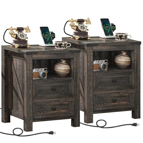 Joaxswe Nightstands Set of 2 with Charging Station, Farmhouse Night Stand with 2 Drawers and Shelf Storage, Wooden Side End Table, Bedside Cabinet for Bedroom, Living Room, Closet,Office (Dark Drey) - color: Dark Oak, size: 2 pack