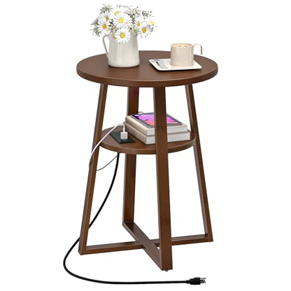 HOOBRO Round Side Table with Charging Station, Round Accent End Table with Bamboo Legs for Living Room, Bedroom, Brown, BR101UBZ01 - color: Brown
