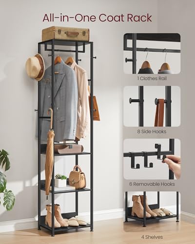 VASAGLE Coat Rack, Freestanding Hall Tree with Shelves, Hanging Rail, and Hooks, Space-Saving Coat Stand, Steel Frame, for Clothing, Bags, Hats, Ink Black and Charcoal Gray URCR061BD03 - color: Ink Black + Charcoal Gray, style: Industrial