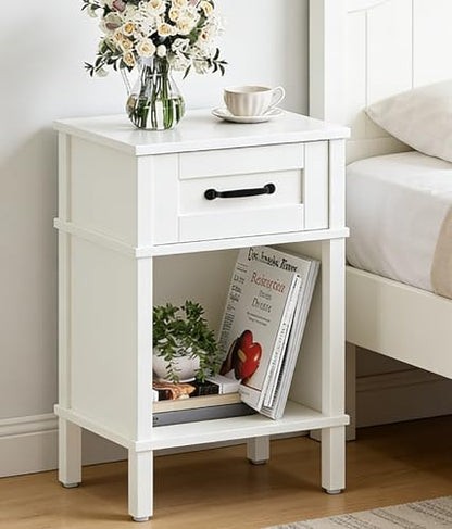 White Farmhouse Nightstand with Drawer, Small Wooden Bedside Table, White Marden End Table, Bedroom Side Table with Storage, Wooden Night Stand LET512WW - color: White