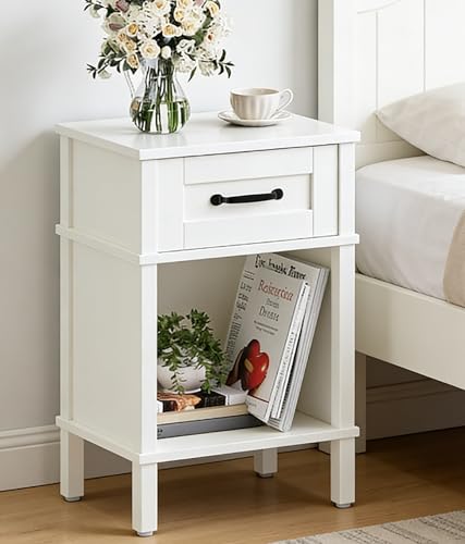 White Farmhouse Nightstand with Drawer, Small Wooden Bedside Table, White Marden End Table, Bedroom Side Table with Storage, Wooden Night Stand LET512WW - color: White