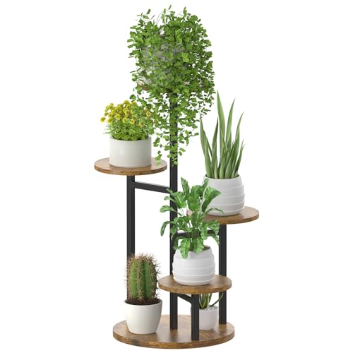 Oppro Plant Stand Indoor, 5 Tier Metal Wood Flower Multiple Shelf | Heavy Duty Round Sturdy Spiral Planter Orchid Display Rack for House Living Room Patio Corner Bathroom, Modern Black Rustic - color: Black-5 Tier