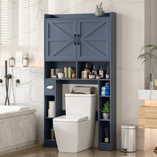 Vabches Over The Toilet Storage Cabinet with Barn Doors, Blue | Toilet Cabinet Rack, Space Saving Bathroom Organizer with Shelves, Toilet Paper Holder and Towel Rack for Bathroom,Laundry. - color: Blue