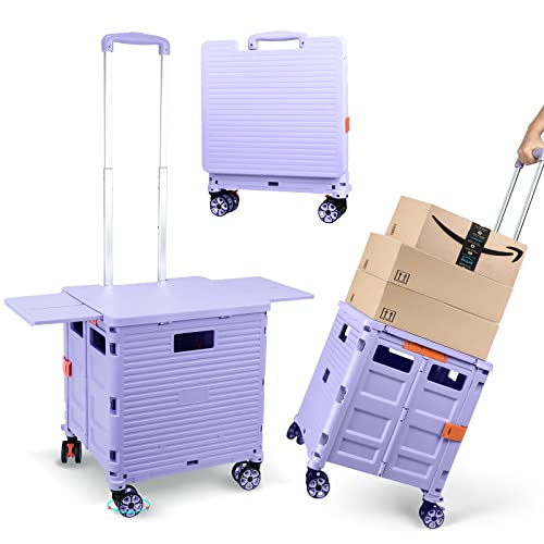 Foldable Utility Cart Folding Portable Rolling Crate with Magnetic Extended Lid,360°Rotate Wheels,176LBS Load Capacity,Heavy Duty Durable Dolly Cart for Teacher Tourist Shopping Office Outdoor - color: Purple, size: Magnetic Extended Lid