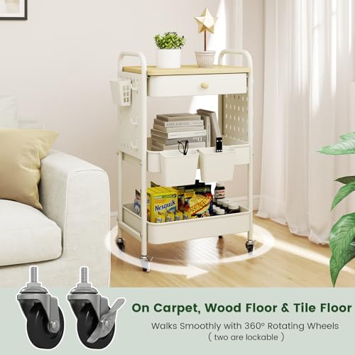 danpinera Rolling Utility Cart with Drawer, 3 Tier Rolling Cart with Wheels, Hooks & Hanging Cups, Craft Cart Art Cart Snack Cart Rolling Storage Cart with Wooden Table Top & DIY Pegboards, White