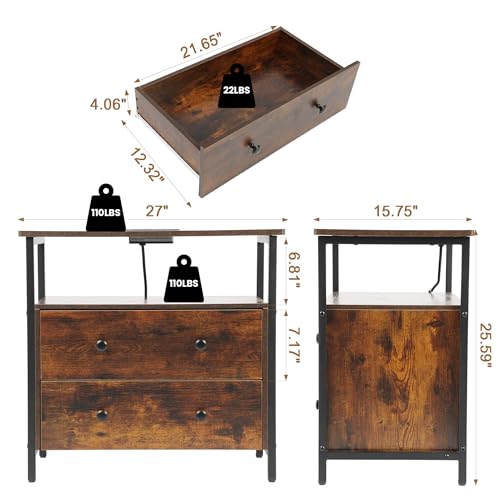Edbuosy 27 inch Wide Night Stand with Charging Station, Bedside Table with Open Shelf, 2 Drawers Small Wood Dresser, Modern Wood Nightstand for Bedroom/Living Room, Retro Brown - color: Retro Brown, size: 27"W-2 Drawers