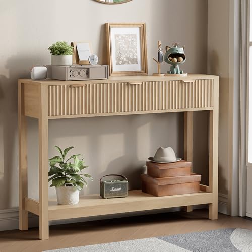 Nasonet Fluted Console Table, Wooden Sofa Table with Storage and Drawers, Farmhouse Behind Couch Table Entryway Table for Entrance, Hallway, Living Room, Oak - color: Oak, style: Modern