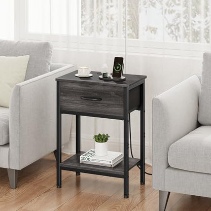 Vagusicc Nightstand with Charging Station, End Table with Fabric Drawer, Small Side Table with 2-Tier Storage Shelves, 25.4" Tall Night Stand, Bedside Table for Bedroom, Living Room, Dorm, Black Oak - color: Black Oak (1 Pack)