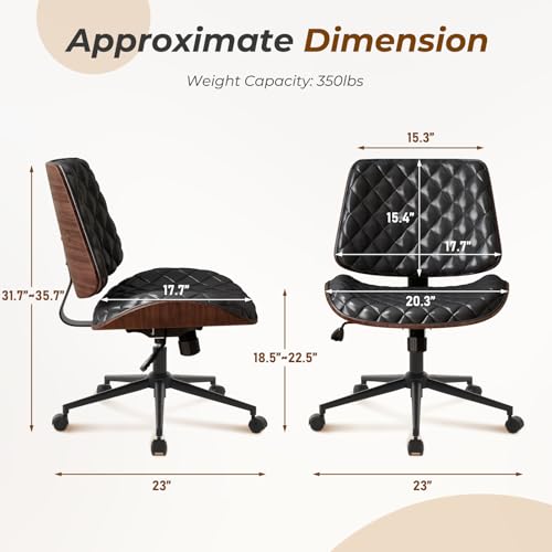 Furnimart Armless Small Desk Chair with Wheels, 360° Swivel Faux Leather Vanity Chair for Bedroom, Compact Home Office Task Chair for Small Spaces, Heavy-Duty Wood Frame(PU Black) - color: Faux Leather-black
