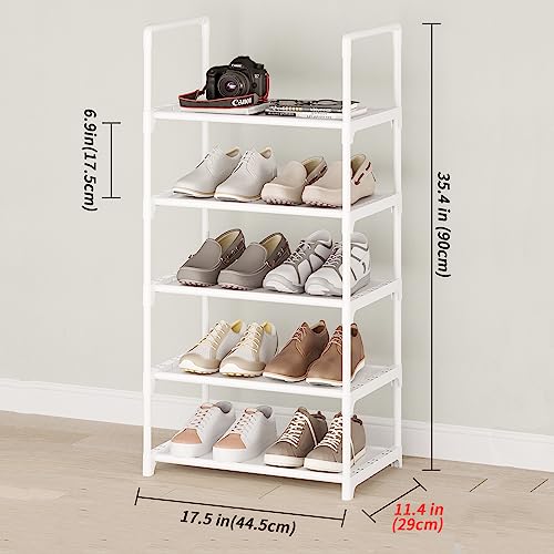 5-Tier Shoe Rack with Handrails, Stackable Narrow Shoe Storage for Entryway, 17.5" W x 11.4" D x 35.4" H, Space Saving Small Shoe Stand for Closet Hallway Dorm, Multi-Functional Shelf(White) - size: 5-White(17.5W")