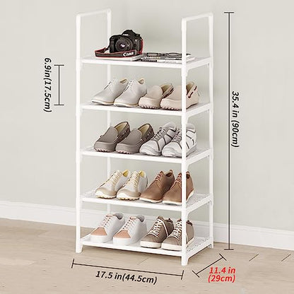 5-Tier Shoe Rack with Handrails, Stackable Narrow Shoe Storage for Entryway, 17.5" W x 11.4" D x 35.4" H, Space Saving Small Shoe Stand for Closet Hallway Dorm, Multi-Functional Shelf(White) - size: 5-White(17.5W")