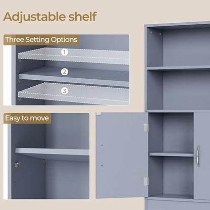 Yaheetech 77'' H Over the Toilet Storage Cabinet, Bathroom Organizer, Gray | Freestanding Cabinet with Adjustable Shelf for Small Space, Slim 8'' Depth, 2 Doors Hide Clutter, Anti-Tip Kit Included