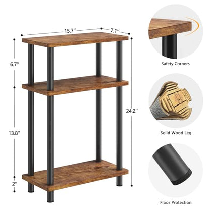 Apicizon Small Narrow Side Table, 3-Tier Skinny End Table for Small Spaces, Slim Nightstand with Storage Shelf, Bedside Table for Living Room, Bedroom, Rustic Brown and Black - color: Rustic Brown and Black, style: Narrow Side Table