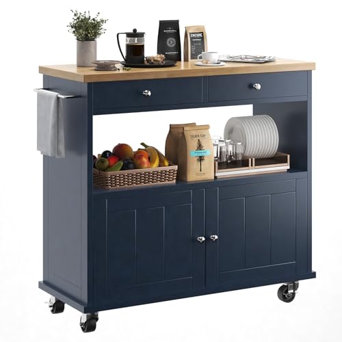 knoworld Rolling Kitchen Island with Storage Cabinet, 35.4'' Width Kitchen Cart, 2 Drawers Island Table, Portable Mobile Kitchen Island with Towel Rack, Wood Top and Lockable Wheels, Blue - color: Blue, size: NO Drop Leaf