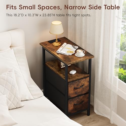 Vagusicc Set of 2 Nightstand with Charging Station and LED Lights, Narrow Side Table, LED Night Stand with 2 Fabric Drawers, Bedside Table Small End Table, Tall Nightstand for Bedroom, Rustic Brown - color: Rustic Brown, size: 2, style: With LEDs