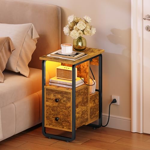 HOOBRO Narrow Nightstand with Charging Station & LED Lights, Narrow Side Table with Fabric Drawer, Open Shelves, Slim End Table for Living Room, Bedroom, Rustic Brown and Black BF430UDBZ01 - color: Rustic Brown + Black