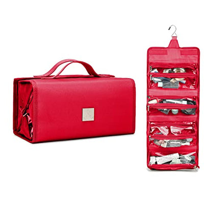 Roll Up Makeup Bag, Travel Toiletry Bag for Women with 4 Clear TSA Approved Pouches, Hanging Travel Organizer, Folding Cosmetic Bag for Men and Women - color: Red