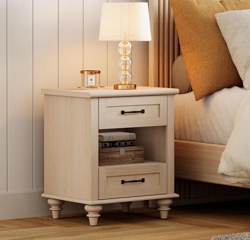 WAMPAT Beige Side Table with Charging Station, Elegant Nightstand for Bedroom with 2 Drawers & Open Shelf, Wooden End Table Bedside Table for Living Room, Kids Room - color: Beige