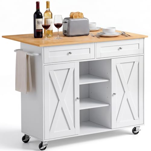 VEVOR Kitchen Island Cart with Storage, 45.67 in Wide Mobile Rolling Storage Island on Swivel Wheels, with 2 Drawers, Storage Cabinet, Drop Leaf, Towel Rack, Table for Home Dining Room, White - size: 45.67"W (dropleaf)
