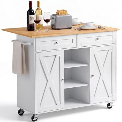VEVOR Kitchen Island Cart with Storage, 45.67 in Wide Mobile Rolling Storage Island on Swivel Wheels, with 2 Drawers, Storage Cabinet, Drop Leaf, Towel Rack, Table for Home Dining Room, White - size: 45.67"W (dropleaf)