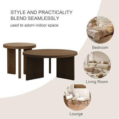 Nesting Coffee Table Set of 2, Brown | Modern Wooden Coffee Table, Circle Tea Table and End Table Set, Accent Center Tables for Living Room, Office - color: Brown, style: Coffee Table Set of 2