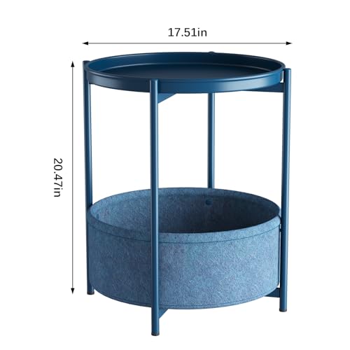 Garden 4 you Side Table with Fabric Storage Basket, Round Metal End Table, Small Bedside Table Nightstand with Removable Tray, for Nursery, Living Room, Bedroom, Bathroom, Blue - color: Blue
