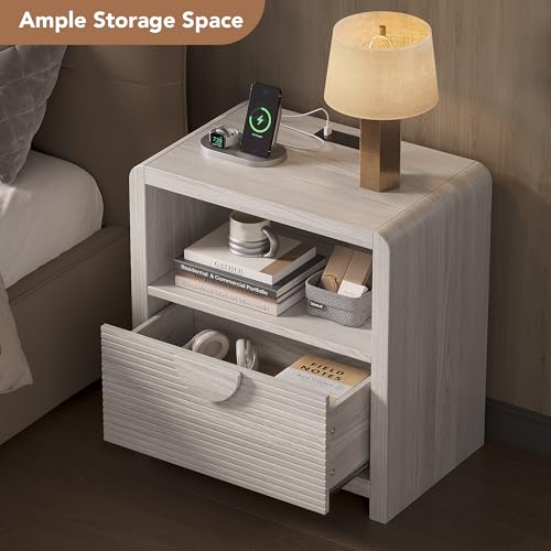Fluted Nightstand with Charging Station, 23" Wide Wood Bedside Table with Drawer and Open Compartment, Mid Century End Table for Bedroom, Home Office, Walnut - color: Gray Oak, size: 1 pc