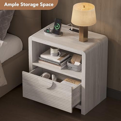 Fluted Nightstands Set of 2 with Charging Station, 23" Wide Wood Bedside Tables with Drawer and Open Compartment, Mid Century End Tables for Bedroom, Home Office, Gray Oak - color: Gray Oak, size: 2 pcs