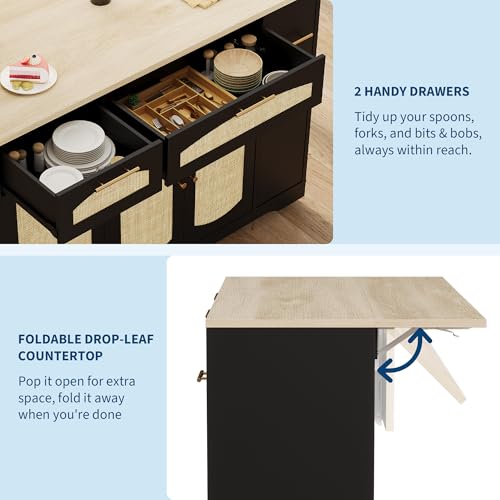 IDEALHOUSE 53.1" Rattan Kitchen Island with Storage, Rolling Dining Cart with Trash Storage Cabinet, Mobile Island Cart with Drop Leaf, Adjustable Shelves, Drawer, 5 Wheels (Black) - color: Black