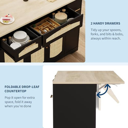 IDEALHOUSE 53.1" Rattan Kitchen Island with Storage, Rolling Dining Cart with Trash Storage Cabinet, Mobile Island Cart with Drop Leaf, Adjustable Shelves, Drawer, 5 Wheels (Black) - color: Black