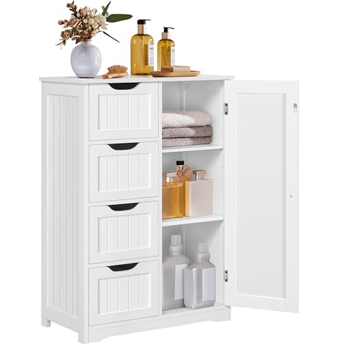 Yaheetech Small Bathroom Storage Cabinet with 4 Drawers & Door, White | Floor Cabinet Organizer for Hallway, Living Room, 3-Position Adjustable Shelf, Beadboard Detail, MDF, 12"D x 22"W x 32.5"H - color: White, size: 22 x 12 x 32.5 In (LxWxH)