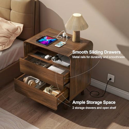 Nasonet Mid Century Modern Nightstand with Charging Station, Wood Bedroom End Tables Nightstands with Drawers, Curved Bedside Table for Living Room, Bedroom, Walnut - color: Walnut, size: 2 Drawers