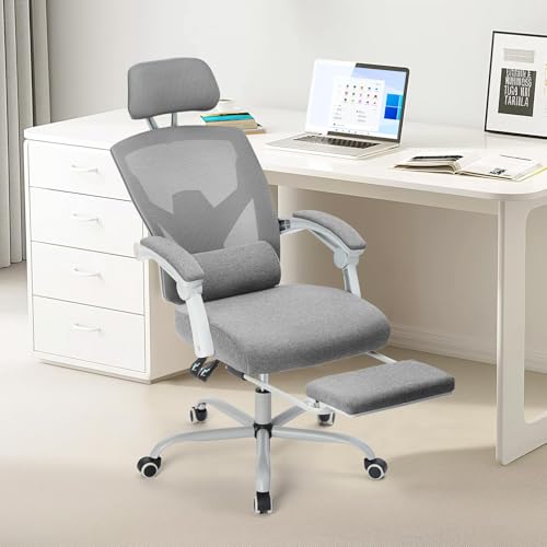 Sweetcrispy Office Computer Desk Chair with Footrest,Ergonomic High-Back Mesh Rolling Work Swivel Chairs with Wheels,Comfortable Lumbar Support,Comfy Arms for Home,Bedroom,Study,Student,Light Grey - color: Light Grey