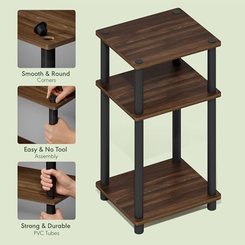 Furinno Turn-N-Tube 3-Tier Toolless Side Table, Narrow Printer Stand with Open Shelf, End Table, Night Stand, for Living Room, Bedroom, Brown Walnut - color: Brown Walnut/Black