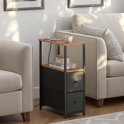 TUTOTAK Small Narrow End Table with Charging Station, Set of 2, Side Table with Outlets, Nightstand with 2 Cloth Drawers, Couch Table, for Living Room, Bedroom, Bedside, Brown and Black TB01BB055K - color: Brown and Black, style: 2 Drawers & Plug