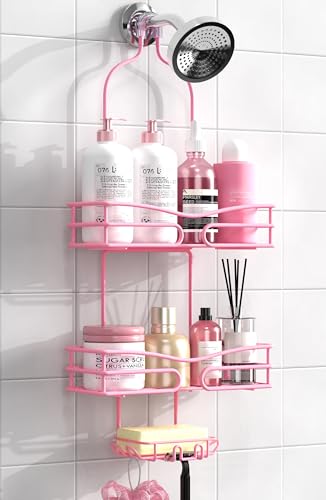 DAOYA Pink 3-Tier Over Head Shower Caddy with Soap Holder & 6 Hooks - Hanging Shower Caddy for Bathroom Organizer - color: Pink