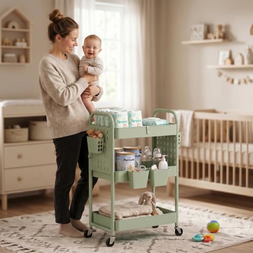 danpinera 3 Tier Rolling Cart with Retractable Dividers, Multi-Functional White Rolling Utility Cart with Pegboards, Hooks & Hanging Cups for Nursery, Living Room, Studio - color: Light Green