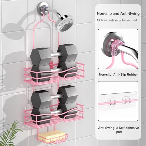 DAOYA Pink 3-Tier Over Head Shower Caddy with Soap Holder & 6 Hooks - Hanging Shower Caddy for Bathroom Organizer - color: Pink