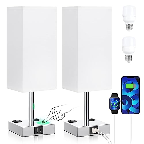 Touch Table Lamps Set of 2 for Bedroom - Dimmable, USB C+A, 2 AC Outlets | 3-Way Dimming, 3000K LED Bulbs Included, Square White Lampshade Silver Base, Small Bedside Lamp for Nightstand, Desk, Dorm - color: White-Silver