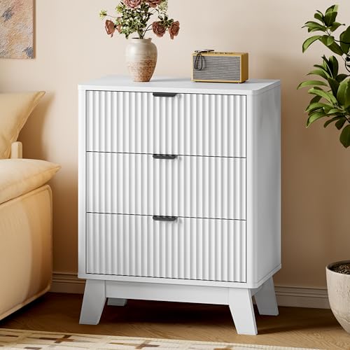 BORNOON Fluted Night Stand, 3 Drawer Bedside Table Dresser with Metal Handles, End Side Table Storage Cabinet for Bedroom - color: White, size: Rounded Edge