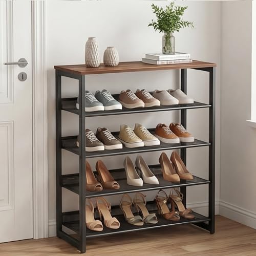 Garden 4 you Shoe Rack for Entryway 5 Tiers 11.8" D x 29" W x 36.5" H, Metal Shoe Rocks with Brown Wooden Tabletop, Angled Shoes Rack with Adjustable Mesh Shelves for Entryway Hallway Closet - color: Rustic Brown, size: 5-Tiers