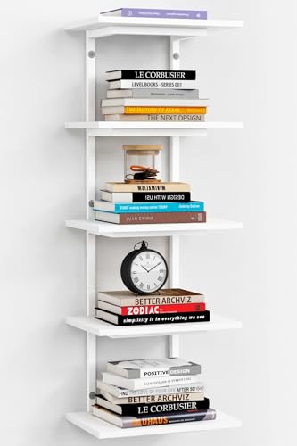 Harwaya White 5 Tier Wall Shelf Unit for Shoes Display, Lack Wall Bookshelf for Bedroom, Vertical Tiered Floating Book Shelves for Office Living Room Bathroom Vanity Kitchen Closet Purses Bags - color: White