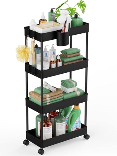 LEHOM Slim Rolling Storage Cart - 4 Tiers Bathroom Organizer Utility Cart Slide Out Storage Shelves Mobile Shelving Unit for Kitchen, Bedroom, Office, Laundry Room, Small Narrow Spaces（7.1" W+Black） - color: Black, size: 7.1"W x 15"D x 36"H